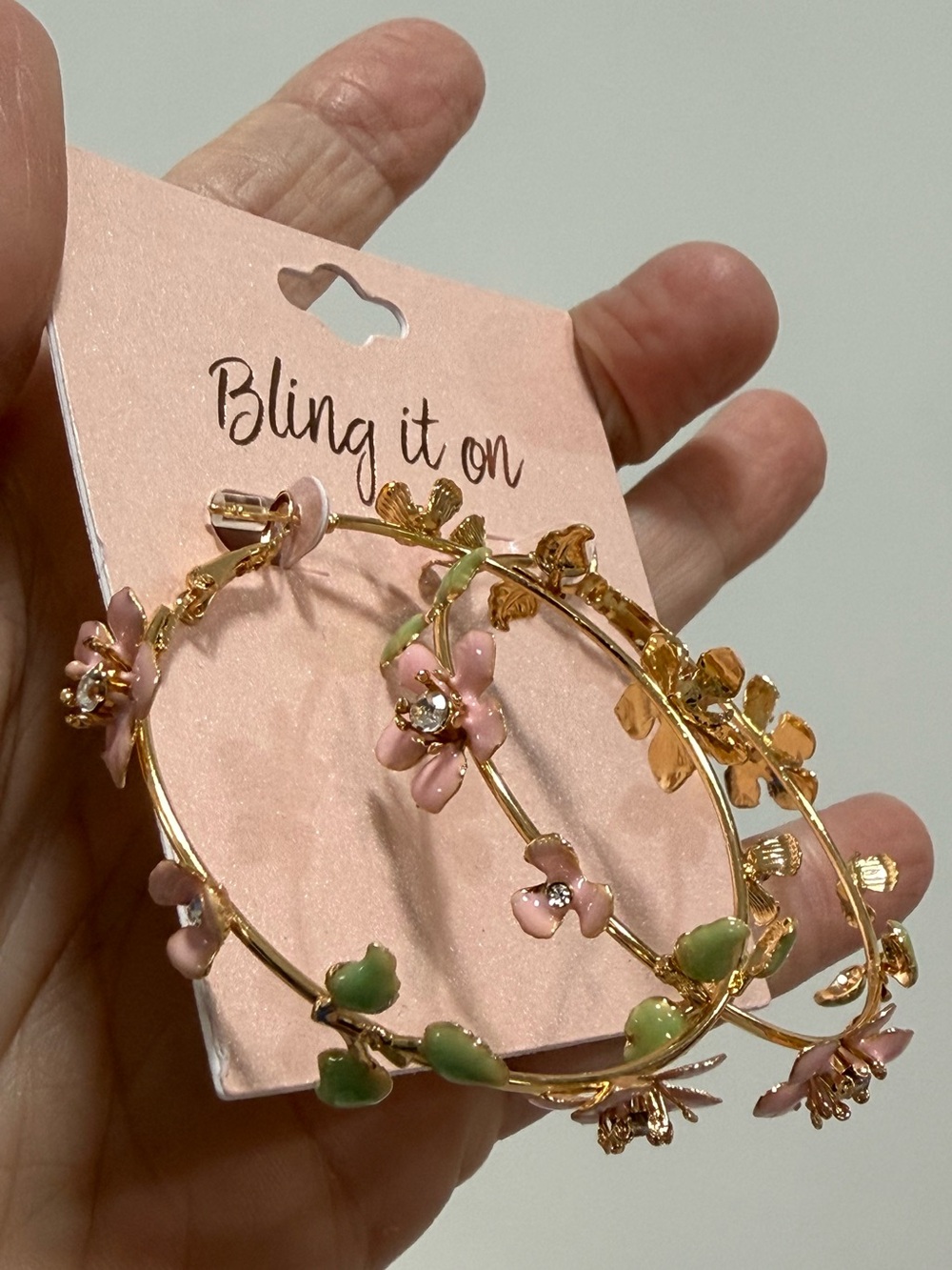 Gold Floral Hoop Earrings - Pink & Green Enamel